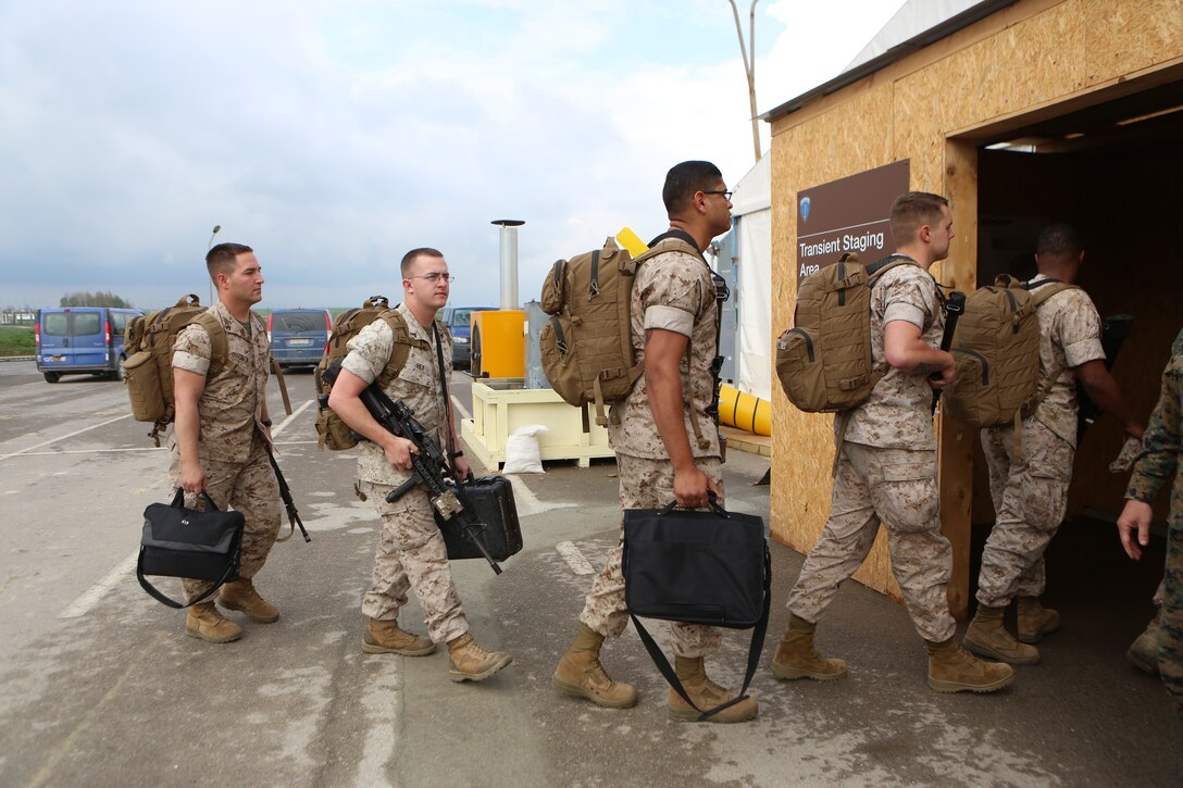 U.S. Marines part of Lima Company, 3rd Battalion, 8th Marine Regiment assigned to Special Purpose Marine Air-Ground Task Force for Crisis Response land at Mihail Kogalniceanu, Romania, April 13, 2014. The Marines and sailors of SP-MAGTF Crisis Response provide a rapid response capability in support of U.S. and partner-nation security interests and participate in training engagements with regional partners within their area of responsibility.