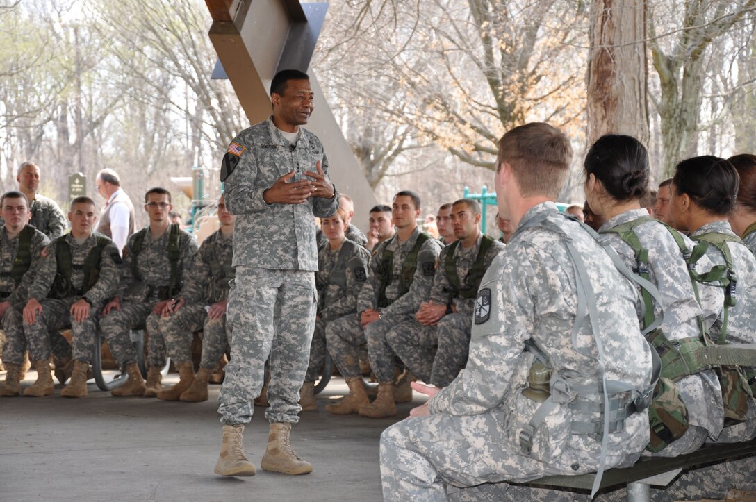 Lt. Gen. Bostick addresses more than 70 members of the UofL Army ROTC Cardinal Battalion April 9 at the Cherokee Park pavilion before observing the battalion Army exercises.