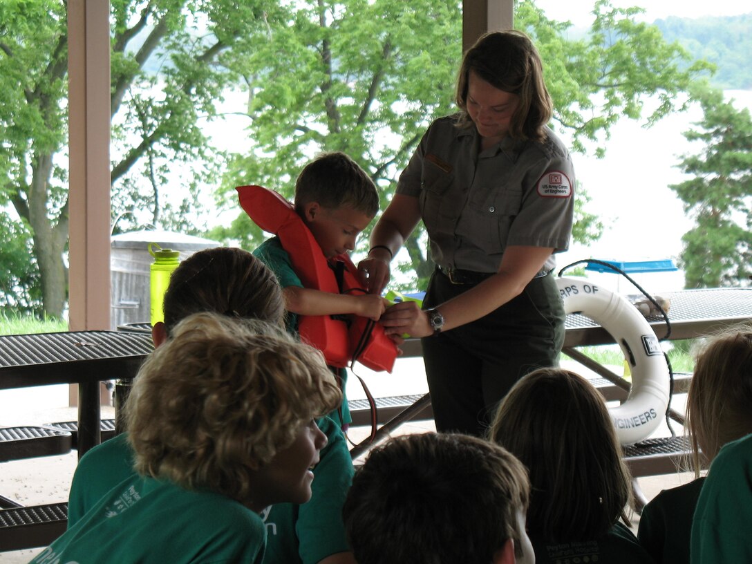 Maggie Kubina, award of merit recipient, teaches water safety at an Outdoor Education Camp, Mississinewa Lake, Peru, Ind.