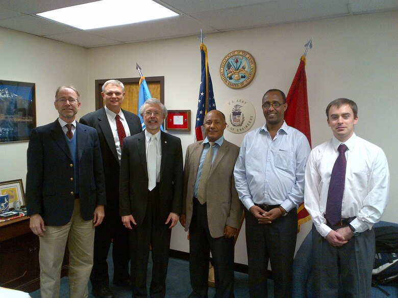 Addis Ababa University Delegation visited IWR. Participants included (left-right): Dr. Will Logan (ICIWaRM), Dr. Joe Manous (IWR), Mr. Bob Pietrowsky (IWR and ICIWaRM Director), Dr. Yilma Seleshi (Interim Director, Ethiopian Institute of Water Resources and Associate Professor in Water Resources Engineering at Addis Ababa University), Dr. Dereje Hailu (Civil Engineering Department, Addis Ababa University), and Dr. Jason Giovannettone(HydroMet, LLC).