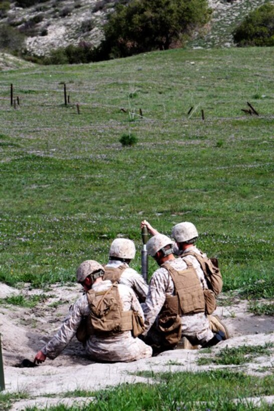 Marines with Weapons Company, 2nd Battalion, 7th Marine Regiment, load a 60 mm mortar into a firing tube during a mortar fire exercise aboard Marine Corps Base Camp Pendleton, Calif., April 4, 2014. The unit, based out of Marine Corps Air Ground Combat Center Twentynine Palms, Calif., came to Camp Pendleton to conduct training on the different types of terrain the base has to offer. After reloading the hand-held mortar, Marines regained their sight alignment before firing the round to ensure accuracy and safety.  (U.S. Marine Corps photo by Lance Cpl. Joshua Murray/Released)