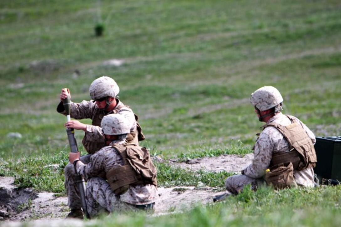 Marines with Weapons Company, 2nd Battalion, 7th Marine Regiment, load a 60 mm mortar into a firing tube during a mortar fire exercise aboard Marine Corps Base Camp Pendleton, Calif., April 4, 2014. The unit, based out of Marine Corps Air Ground Combat Center Twentynine Palms, Calif., came to Camp Pendleton to conduct training on the different types of terrain the base has to offer. After reloading the hand-held mortar, Marines regained their sight alignment before firing the round to ensure accuracy and safety. (U.S. Marine Corps photo by Lance Cpl. Joshua Murray/Released)