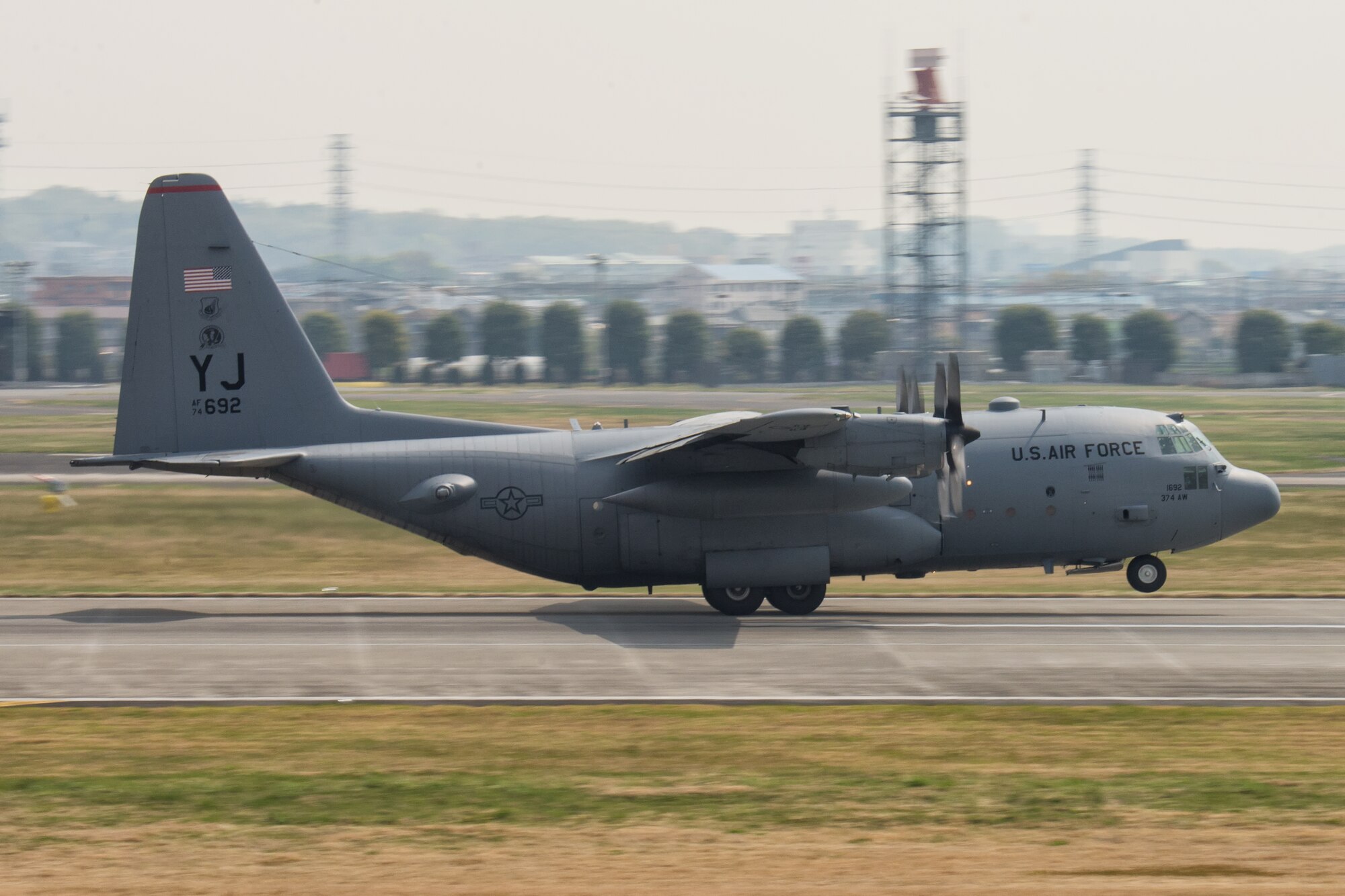 A C-130 Hercules from the 36th Airlift Squadron takes to the sky at Yokota Air Base, Japan, April 16, 2014. Yokota is involved in regional operations and training throughout the year to ensure effective support to combat commanders when called upon. (U.S. Air Force photo by Osakabe Yasuo/Released)