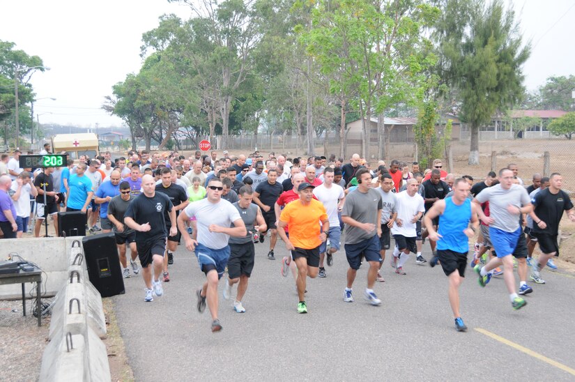 More than 150 Joint Task Force service members kicked off Sexual Assault Awareness Month (SAAM) activities with a five kilometer run through Soto Cano Air Base April 17, 2014.  The Easter/Sexual Harassment Assault Response & Prevention (SHARP) 5k Fun Run/Walk began a month-long dedication to addressing and working to prevent sexual assault and harassment in the military.   Each year, the month of April is dedicated to heightening awareness of the crime, as well as informing the community of services offered and encouraging victims to use the resources.  (Photo by U. S. Air National Guard Capt. Steven Stubbs)