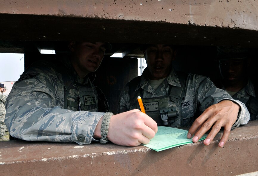 Staff Sgt. Jonathan Lee, 51st Security Forces Squadron military working dog handler, instructs Airman 1st Class Jason Ashley, 51st SFS entry controller, on how to properly fill out a range card for the defense fighting position at the Rush Park and Life Support site at Osan Air Base, Republic of Korea, April 15, 2014. Range cards inform Airmen of different avenues of approach and distance between objects. (U.S. Air Force photo by Senior Airman David Owsianka)
