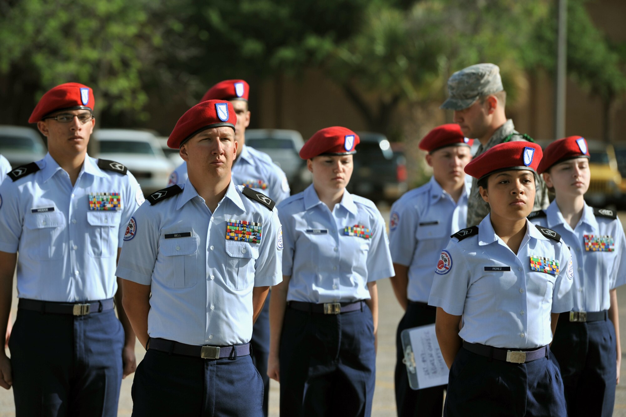 SAN ANGELO, Texas – Cleveland High School Air Force Junior ROTC Cadets stand at parade rest, during an open ranks inspection, at Angelo State University’s annual Junior ROTC Drill Meet here April 12. During the inspection, judges deducted points for any uniform infractions or discrepancies. (U.S. Air Force photo/ Airman 1st Class Devin Boyer)