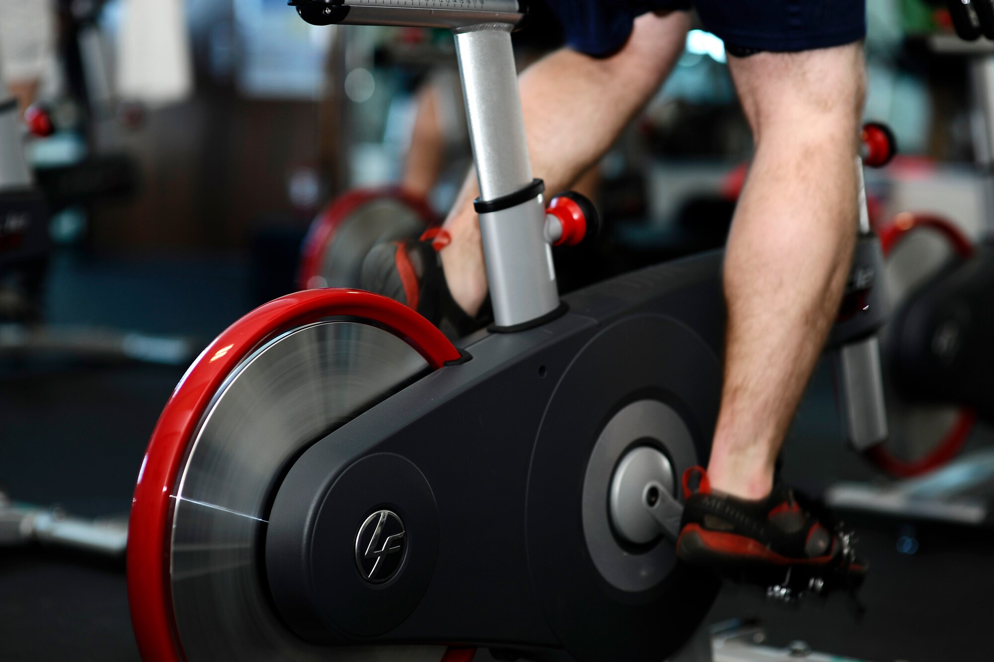 Team Buckley members work up a sweat during Buckley’s annual Spin-A-Thon, April 11, 2014, at the fitness center on Buckley Air Force Base, Colo. Every hour, one person from each 460th Space Wing unit participated in a 45 minute spin class, competing for Commander’s Cup points. (U.S. Air Force photo by Airman 1st Class Samantha Saulsbury/Released)