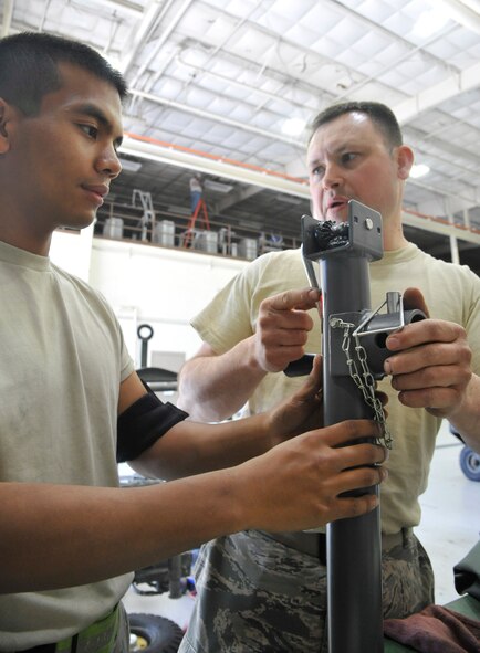 Tech. Sgt. David Welsh, 509th Maintenance Squadron aerospace ground equipment craftsman, right, demonstrates to Airman 1st Class Adrian Quichocho, 509th MXS AGE apprentice, how a jack trailer assembly operates when towing equipment during a training session at Whiteman Air Force Base, Mo., April 9, 2014. The shop trains every day to ensure all Airmen are skilled in every aspect in the shop.   (U.S. Air Force photo by Airman 1st Class Keenan Berry/Released) 