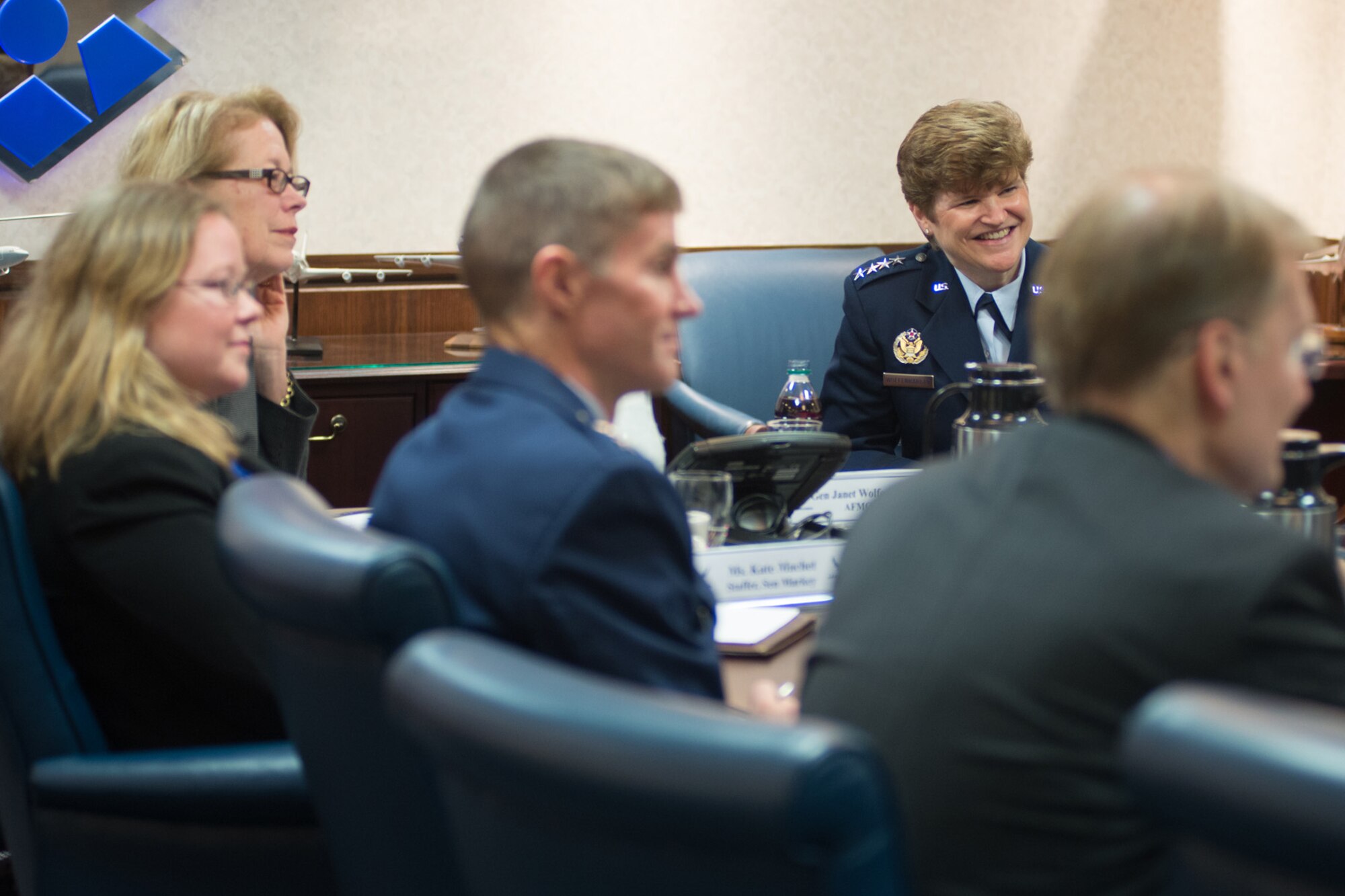 HANSCOM AIR FORCE BASE, Mass. -- Gen. Janet Wolfenbarger, commander of Air Force Materiel Command, discusses various topics with members of the Mass. Congressional delegation and state leaders here April 15. Also pictured (l to r) are U.S. Rep. Niki Tsongas, Kate Machet from the Office of U.S. Sen. Edward Markey, and Hanscom program executive officers Maj. Gen. Craig Olson and Steven Wert. (U.S. Air Force Photo by Mark Herlihy)
