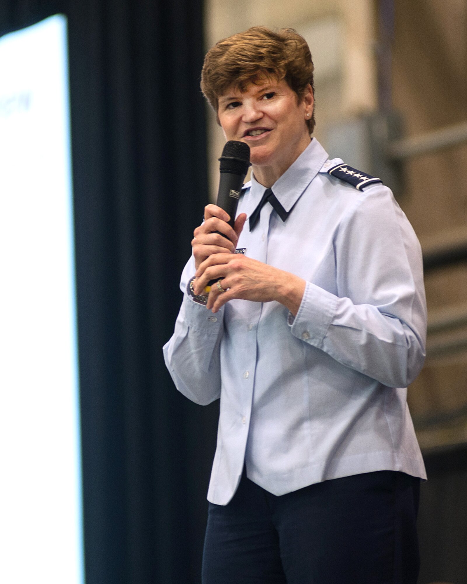 HANSCOM AIR FORCE BASE, Mass. -- Gen. Janet Wolfenbarger, commander of Air Force Materiel Command, conducts a commander's call here April 15. The general discussed a range of topics, including Air Force and AFMC priorities, budget, force management and the need to instill a culture of respect and resiliency. (U.S. Air Force Photo by Mark Herlihy)
