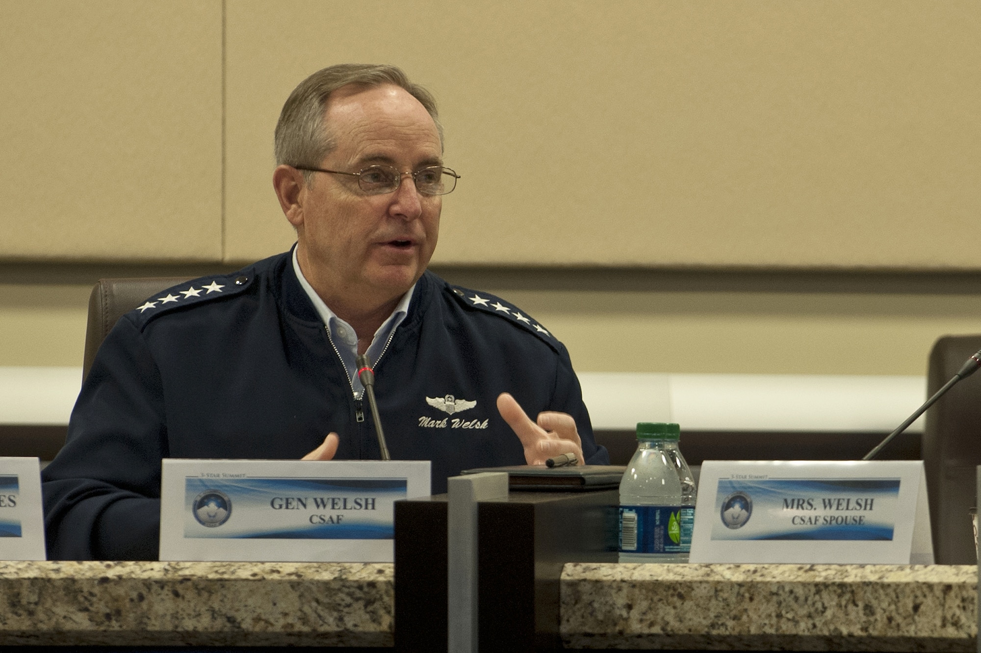 Air Force Chief of Staff Gen. Mark A. Welsh III makes opening remarks at the 3-Star Summit April 14, 2014, at Joint Base Andrews, Md. Welsh spoke about the importance of creating environments that promote dignity and respect and how they relate to sexual assault prevention and response. This includes recognizing when services members need help and getting those in need the help they deserve. (U.S. Air Force photo/Staff Sgt. Carlin Leslie)