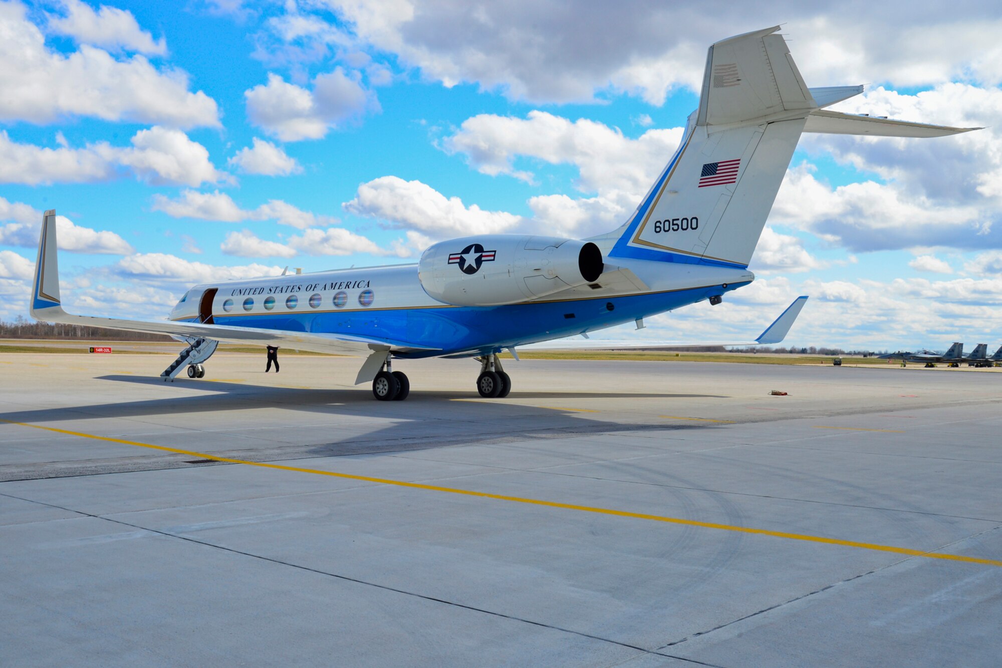 A U.S. Air Force C-37 carrying U.S. Senators John McCain, John Hoeven and John Barrasso prepares to leave Šiauliai Air Base, Lithuania, April 16, 2014. The Senators visited the Baltic Air Policing mission as part of a visit to the greater Baltic region, which also includes meetings with government officials in Estonia, Latvia, and Moldova. (U.S. Air Force photo by Airman 1st Class Dana J. Butler/Released)