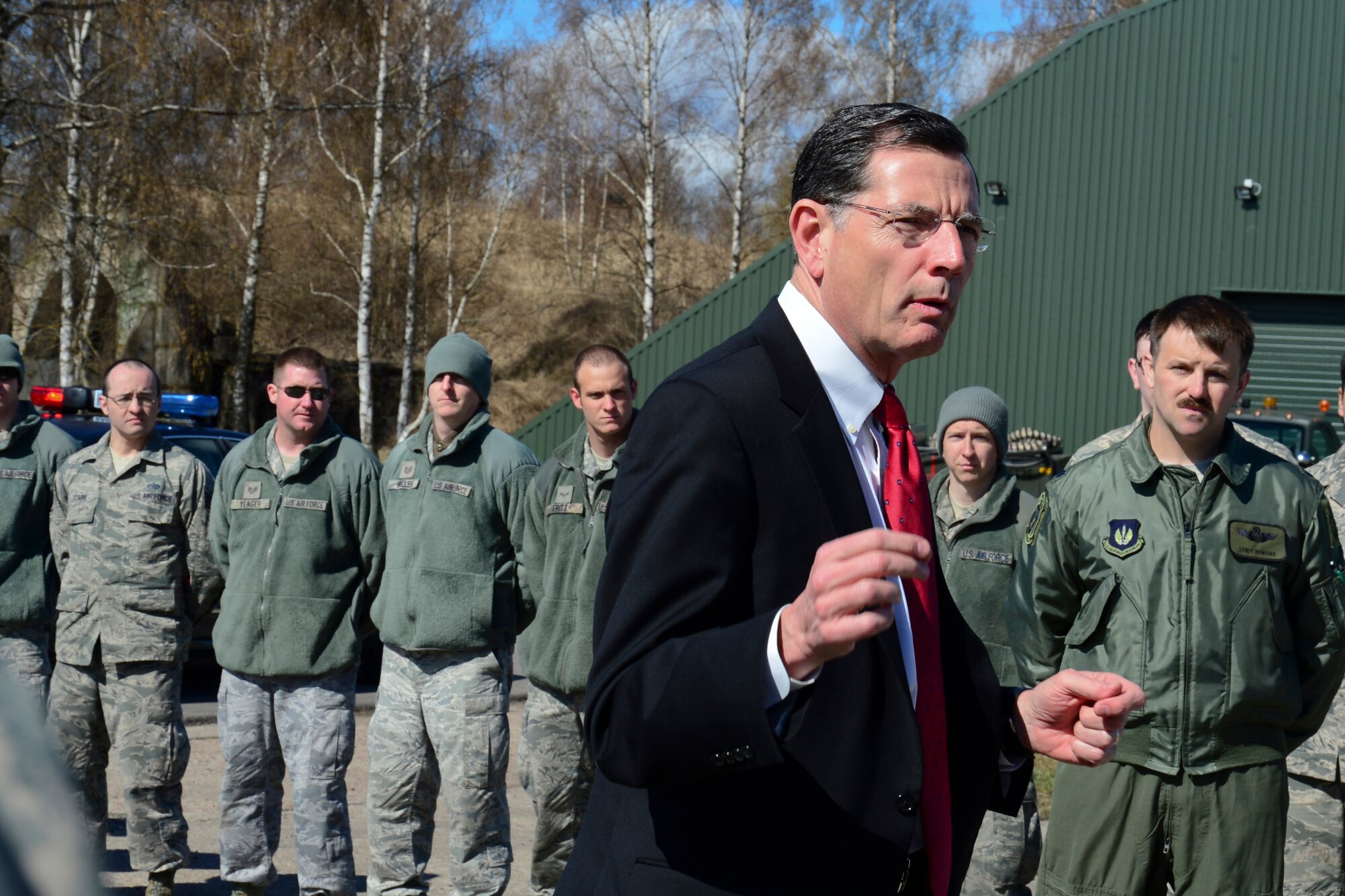 U.S. Senator John Barrasso addresses 48th Air Expeditionary Group Airmen at Šiauliai Air Base, Lithuania, April 16, 2014. Barrasso and U.S. Senators John McCain and John Hoeven visited the Baltic Air Policing mission as part of a visit to the greater Baltic region, which also includes meetings with government officials in Estonia, Latvia, and Moldova. (U.S. Air Force photo by Airman 1st Class Dana J. Butler/Released)
