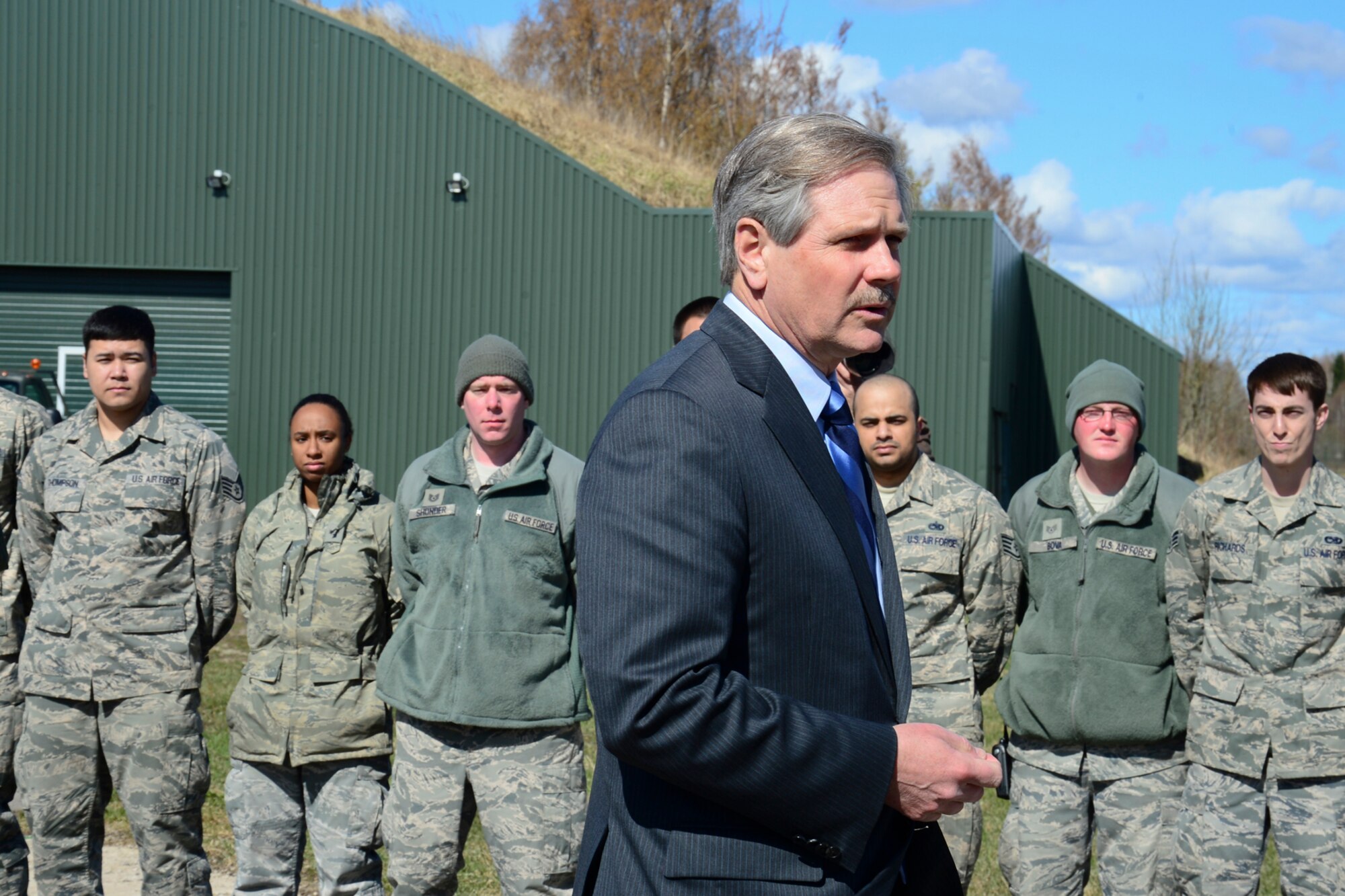 U.S. Senator John Hoeven addresses 48th Air Expeditionary Group Airmen at Šiauliai Air Base, Lithuania, April 16, 2014. Hoeven and U.S. Senators John McCain and John Barrasso visited the Baltic Air Policing mission as part of a visit to the greater Baltic region, which also includes meetings with government officials in Estonia, Latvia, and Moldova. (U.S. Air Force photo by Airman 1st Class Dana J. Butler/Released)