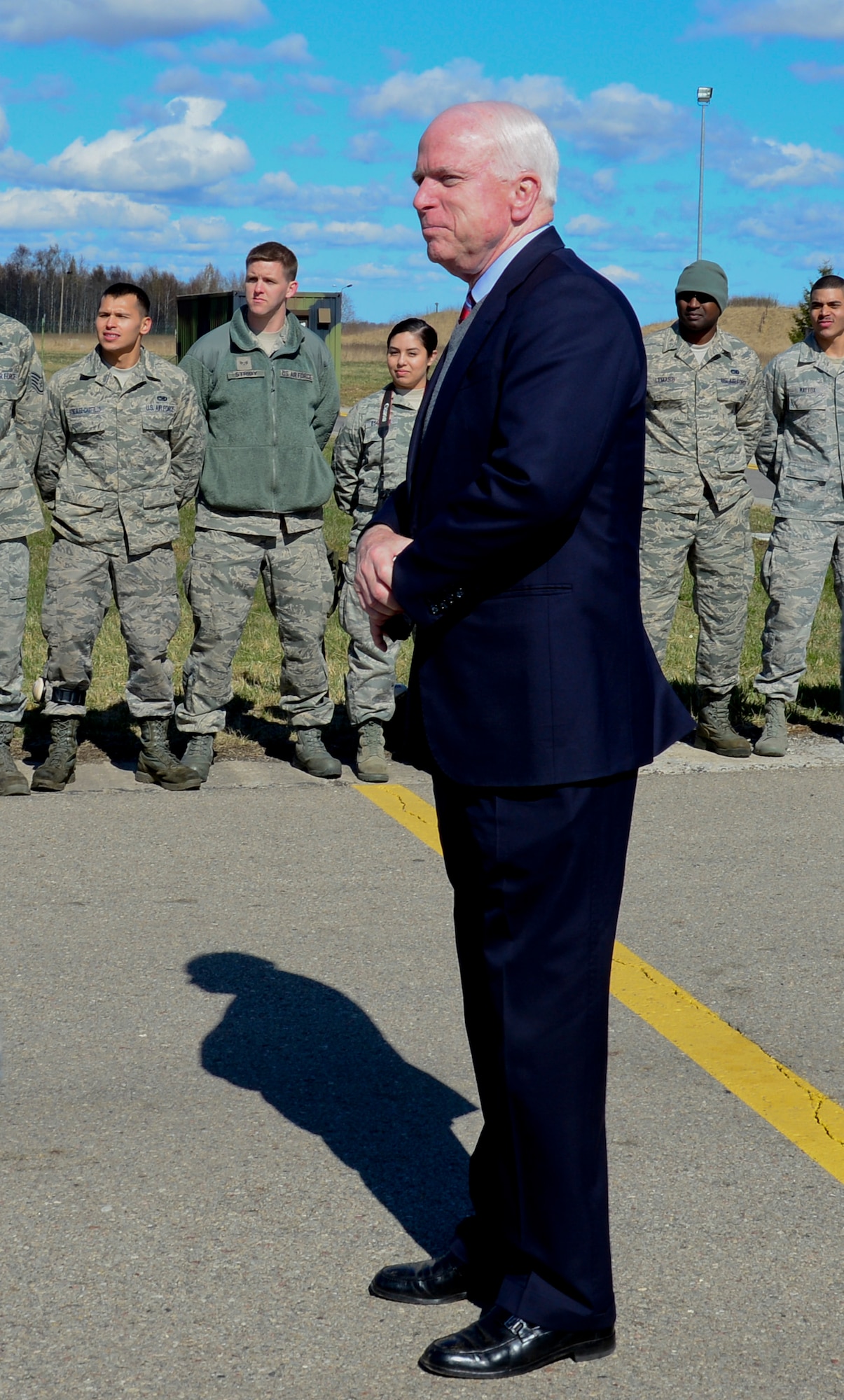 U.S. Senator John McCain addresses 48th Air Expeditionary Group Airmen at Šiauliai Air Base, Lithuania, April 16, 2014. McCain and U.S. Senators John Hoeven and John Barrasso visited the Baltic Air Policing mission as part of a visit to the greater Baltic region, which also includes meetings with government officials in Estonia, Latvia, and Moldova. (U.S. Air Force photo by Airman 1st Class Dana J. Butler/Released)
