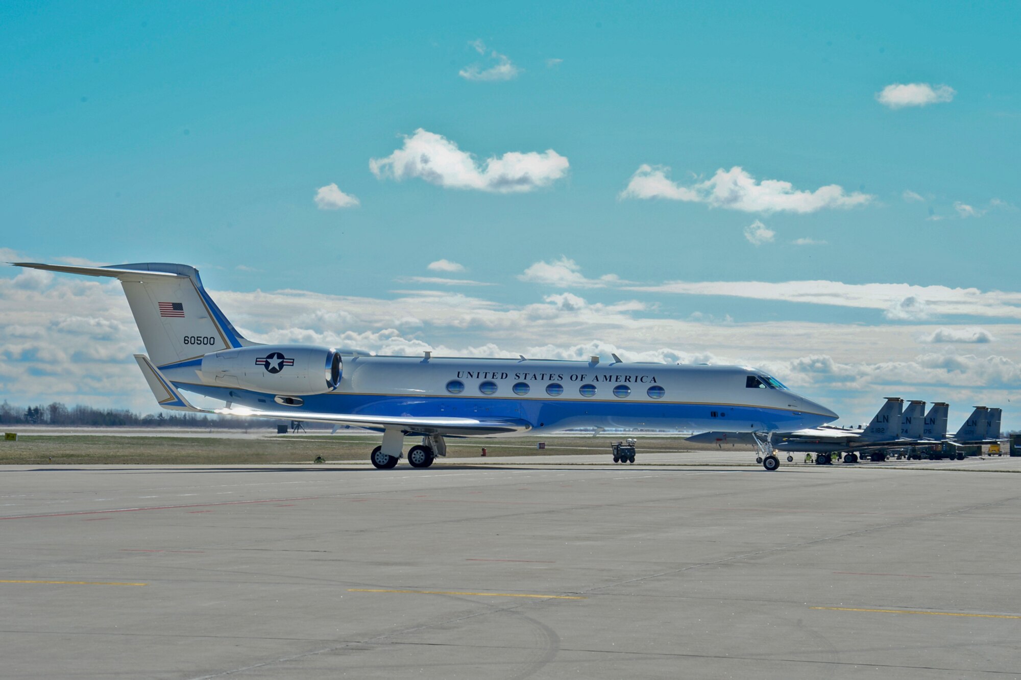 A U.S. Air Force C-37 carrying U.S. Senators John McCain, John Hoeven and John Barrasso taxis after landing at Šiauliai Air Base, Lithuania, April 16, 2014. The Senators visited the Baltic Air Policing mission as part of a visit to the greater Baltic region, which also includes meetings with government officials in Estonia, Latvia, and Moldova. (U.S. Air Force photo by Airman 1st Class Dana J. Butler/Released)