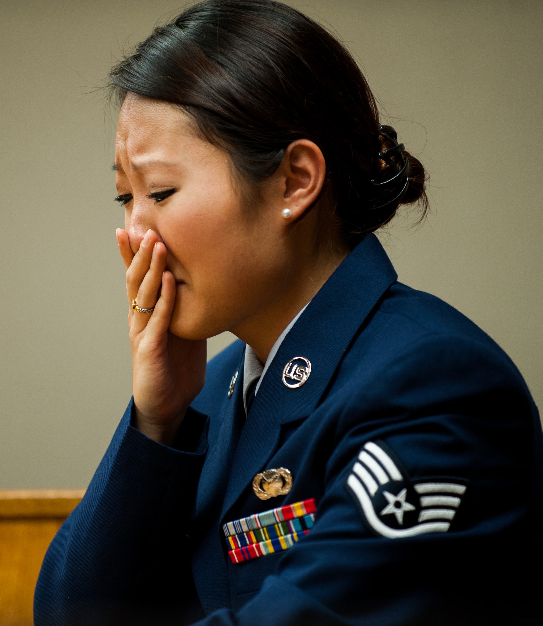 First Lt. Son Lee, 8th Fighter Wing Public Affairs deputy chief, portrays a staff sergeant during a mock trial at Kunsan Air Base, Republic of Korea, April 16, 2014. The Wolf Pack puts on a mock trial of a sexual assault case for First Term Airman Center students to provide a realistic view of the military justice system. (U.S. Air Force photo by Staff Sgt. Clayton Lenhardt/Released)