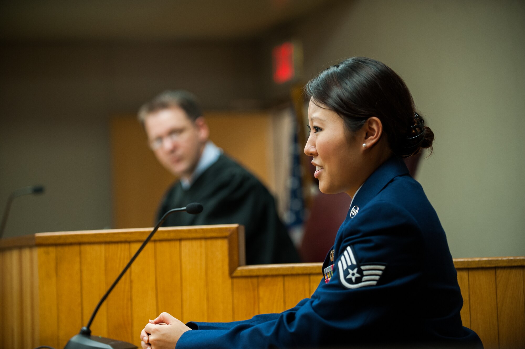 First Lt. Son Lee, 8th Fighter Wing Public Affairs deputy chief, portrays a staff sergeant during a mock trial at Kunsan Air Base, Republic of Korea, April 16, 2014. The Wolf Pack puts on a mock trial of a sexual assault case for First Term Airman Center students to provide a realistic view of the military justice system. (U.S. Air Force photo by Staff Sgt. Clayton Lenhardt/Released)