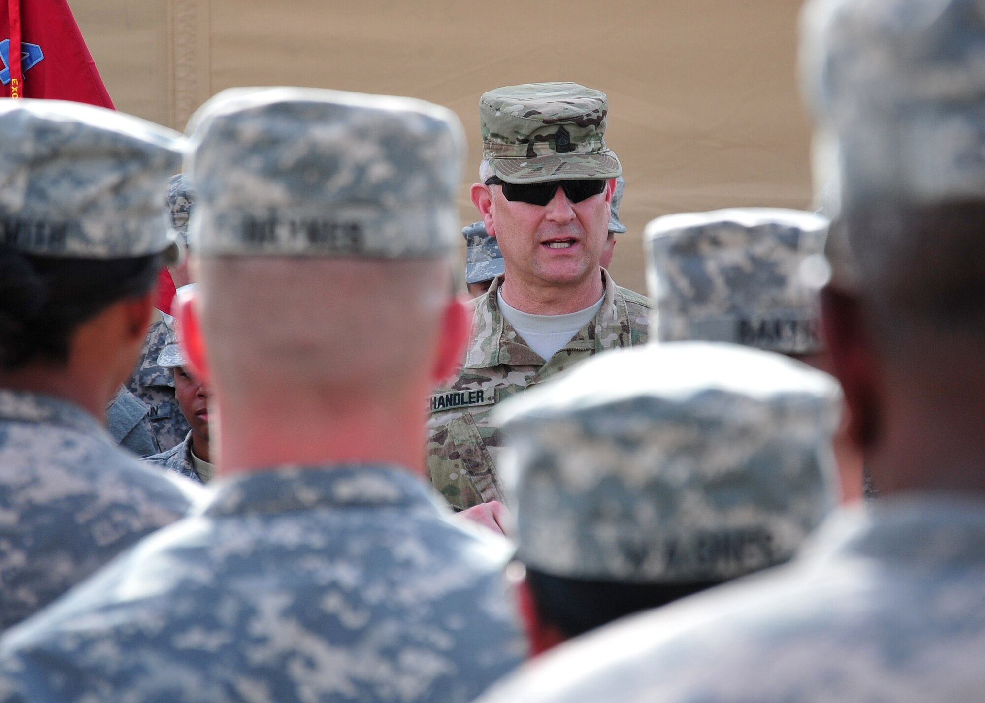 Sgt. Maj. of the Army Raymond Chandler visits with soldiers of the 3rd Battalion, 4th Air Defense Artillery Regiment at an undisclosed location in Southwest Asia, April 14, 2014. (U.S. Air Force photo by Staff Sgt. Michael Means/Released)
