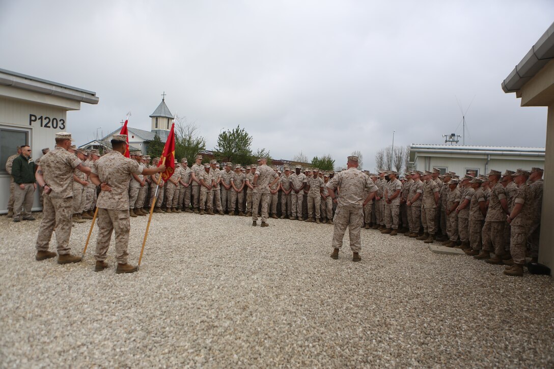 U.S. Marine Corps Maj. Gen. Raymond C. Fox, commanding general of II Marine Expeditionary Force, and commander of U.S. Marine Corps Forces, Africa, addresses Marines and sailors of 3rd Battalion, 8th Marine Regiment, assigned to Black Sea Rotational Force 14, as well as Marines from Lima Company, 3rd Battalion, 8th Marine Regiment, part of Special Purpose Marine Air-Ground Task Force Crisis Response during a command visit to Mihail Kogalniceanu, Romania, April 16, 2014. BSRF-14 is a contingent of Marines and sailors in the Black Sea, Balkans and Caucasus regions that work with partner nations to maintain proven partnerships while building military capacity, promoting regional stability, and providing the capability for rapid crisis response throughout Eastern Europe as directed by U.S. Marine Corps Forces Europe and Africa, U.S. European Command. The Marines and sailors of SPMAGTF-Crisis Response provide crisis response capability in support of U.S. and partner-nation security interests and participate in training engagements with regional partners within their area of responsibility. 