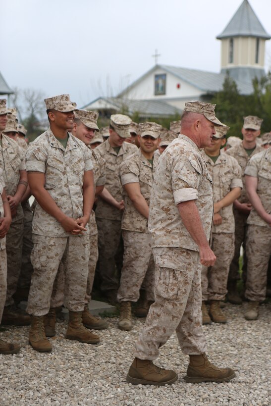 U.S. Marine Corps Maj. Gen. Raymond C. Fox, commanding general of II Marine Expeditionary Force, and commander of U.S. Marine Corps Forces, Africa, addresses Marines and sailors of 3rd Battalion, 8th Marine Regiment, assigned to Black Sea Rotational Force 14, as well as Marines from Lima Company, 3rd Battalion, 8th Marine Regiment, part of Special Purpose Marine Air-Ground Task Force Crisis Response during a command visit to Mihail Kogalniceanu, Romania, April 16, 2014. BSRF-14 is a contingent of Marines and sailors in the Black Sea, Balkans and Caucasus regions that work with partner nations to maintain proven partnerships while building military capacity, promoting regional stability, and providing the capability for rapid crisis response throughout Eastern Europe as directed by U.S. Marine Corps Forces Europe and Africa, U.S. European Command. The Marines and sailors of SPMAGTF-Crisis Response provide crisis response capability in support of U.S. and partner-nation security interests and participate in training engagements with regional partners within their area of responsibility. 