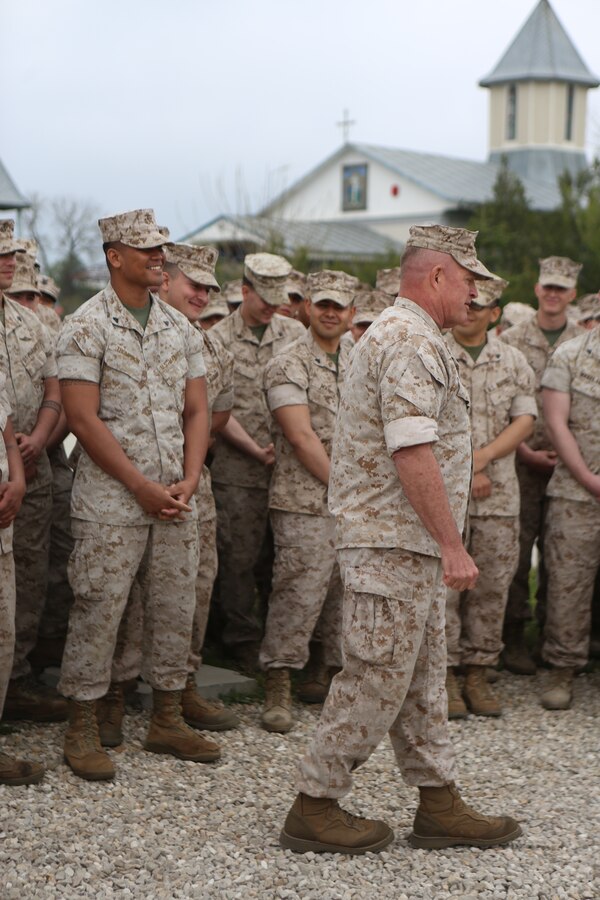 U.S. Marine Corps Maj. Gen. Raymond C. Fox, commanding general of II Marine Expeditionary Force, and commander of U.S. Marine Corps Forces, Africa, addresses Marines and sailors of 3rd Battalion, 8th Marine Regiment, assigned to Black Sea Rotational Force 14, as well as Marines from Lima Company, 3rd Battalion, 8th Marine Regiment, part of Special Purpose Marine Air-Ground Task Force Crisis Response during a command visit to Mihail Kogalniceanu, Romania, April 16, 2014. BSRF-14 is a contingent of Marines and sailors in the Black Sea, Balkans and Caucasus regions that work with partner nations to maintain proven partnerships while building military capacity, promoting regional stability, and providing the capability for rapid crisis response throughout Eastern Europe as directed by U.S. Marine Corps Forces Europe and Africa, U.S. European Command. The Marines and sailors of SPMAGTF-Crisis Response provide crisis response capability in support of U.S. and partner-nation security interests and participate in training engagements with regional partners within their area of responsibility. 