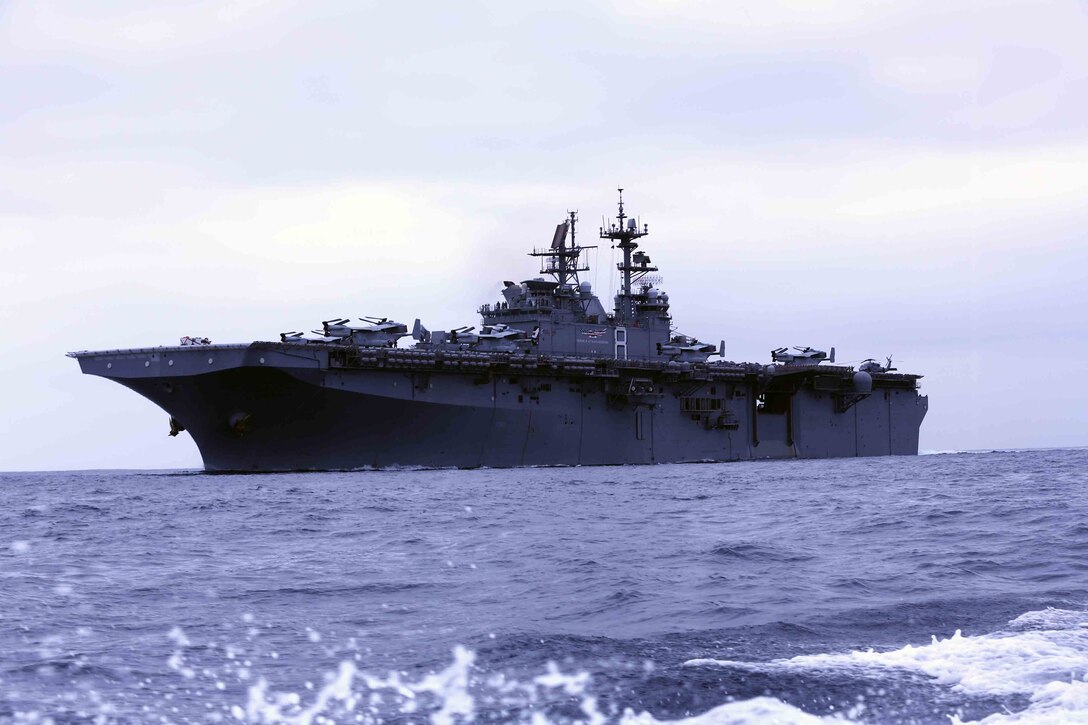 The USS Makin Island sails during Amphibious Squadron Marine Expeditionary Unit Integration Training (PMINT) off the coast of San Diego, April 17, 2014. PMINT is the first opportunity for the 11th MEU and the Makin Island Amphibious Ready Group team to exercise its planning processes and conduct sea-based operations. (U.S. Marine Corps photo by Cpl. Jonathan R. Waldman/RELEASED)
