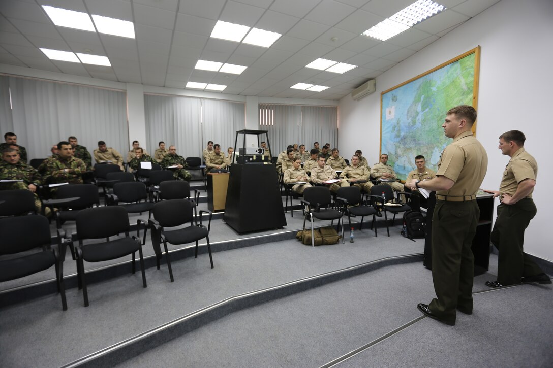U.S. Marines of Black Sea Rotational Force 14 from 3rd Battalion, 8th Marine Regiment, 2nd Marine Division, conduct a period of instruction on combat decision making in Constanta, Romania, April 17, 2014. Black Sea Rotational Force 14 is a contingent of Marines and sailors in the Black Sea, Balkans and Caucasus regions that work with partner nations to maintain proven partnerships while building military capacity, promoting regional stability, and providing the capability for rapid crisis response throughout Eastern Europe as directed by U.S. Marine Corps Forces Europe and Africa, U.S. European Command. 