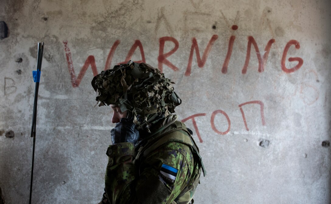 An Estonian forward operator, 1st Artillery Battalion, Estonian Defense Forces, coordinates a fire mission with Estonian artillery during Summer Shield, April 16, 2014, Camp Adazi, Latvia. The 1st Estonian Artillery Battalion was part of a fire-support team element and worked with the Marines of Black Sea Rotational Force 14.2 and Latvian Land Forces in order to synchronize an integrated attack that would use fire-support elements from three different countries.  This is the 11th iteration of the Summer Shield exercise, a joint, staff planning and combined-arms live fire maneuver event designed to enhance the Latvian Land Force’s capacity and capability to integrate fires and maneuver at the battalion and brigade level as well as increase partner capacity, promote regional stability and continue to develop Latvian, Lithuanian, Estonian and U.S. interoperability.  (Official Marine Corps photo by Staff Sgt. Tanner M. Iskra, 2nd Marine Division Combat Camera, BSRF-14/Released)