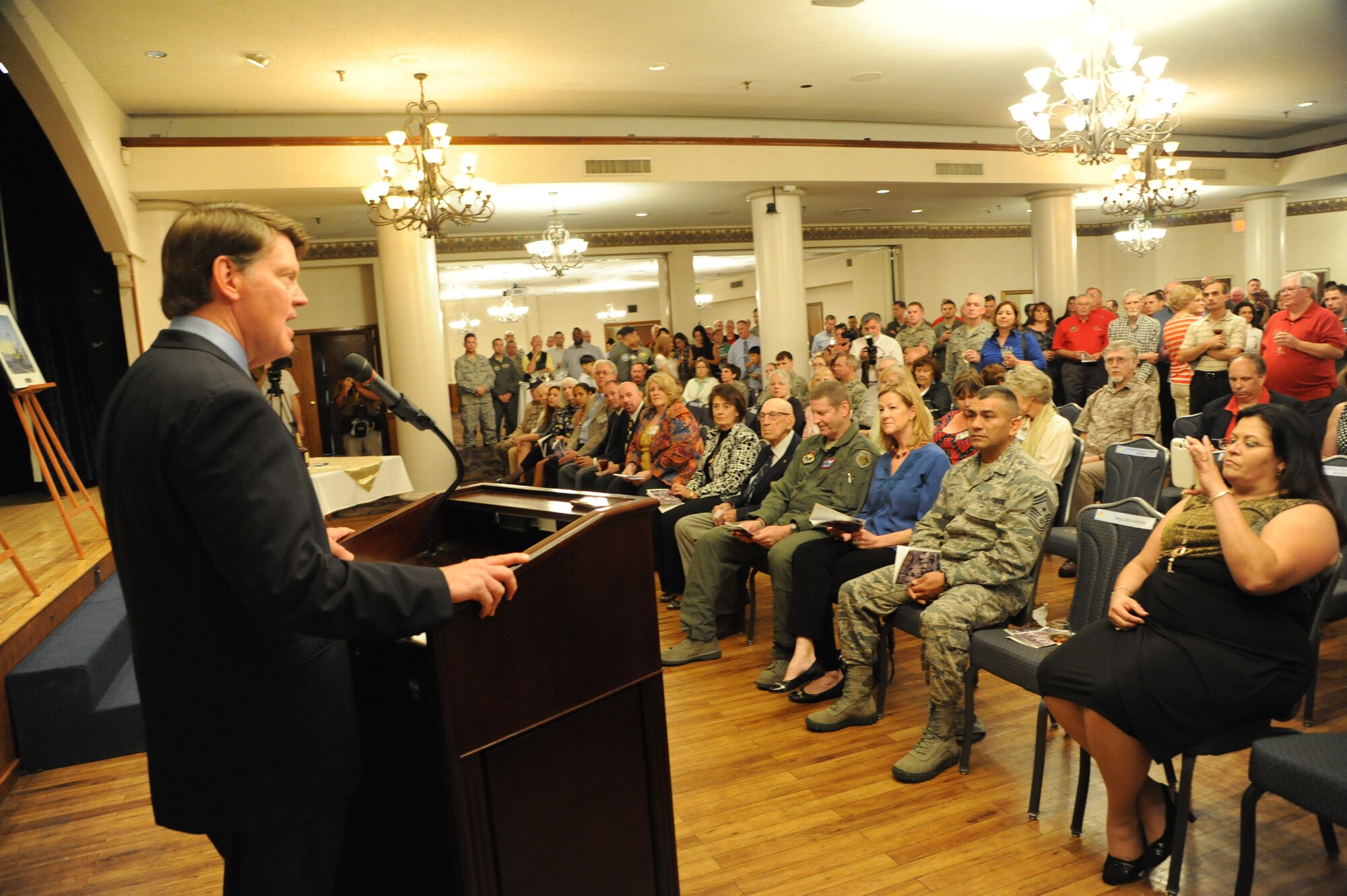 Retired Maj. Gen. Mike Skinner, guest speaker for the Joint Base San Antonio-Randolph Doolittle Tokyo Raiders anniversary event, opens the April 18 event at the Parr Club. Skinner is a former mobilization assistant to the Air Education and Training Command commander. The ceremony celebrated Airmen of the US Army Air Forces, led by Lt. Col. James H. (Jimmy) Doolittle, who carried the Battle of the Pacific to the heart of the Japanese empire with a surprising and daring raid on military targets at Tokyo, Yokohama, Yokosuka, Nagoya, and Kobe, April 18, 1942. This heroic attack against these major cities was the result of coordination between the Army Air Forces and the US Navy, which carried the sixteen North American B-25 medium bombers aboard the aircraft carrier USS Hornet to within take-off distance of the Japanese Islands. (U.S. Air Force photo/Melissa Peterson)