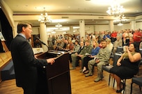 Retired Maj. Gen. Mike Skinner, guest speaker for the Joint Base San Antonio-Randolph Doolittle Tokyo Raiders anniversary event, opens the April 18 event at the Parr Club. Skinner is a former mobilization assistant to the Air Education and Training Command commander. The ceremony celebrated Airmen of the US Army Air Forces, led by Lt. Col. James H. (Jimmy) Doolittle, who carried the Battle of the Pacific to the heart of the Japanese empire with a surprising and daring raid on military targets at Tokyo, Yokohama, Yokosuka, Nagoya, and Kobe, April 18, 1942. This heroic attack against these major cities was the result of coordination between the Army Air Forces and the US Navy, which carried the sixteen North American B-25 medium bombers aboard the aircraft carrier USS Hornet to within take-off distance of the Japanese Islands. (U.S. Air Force photo/Melissa Peterson)