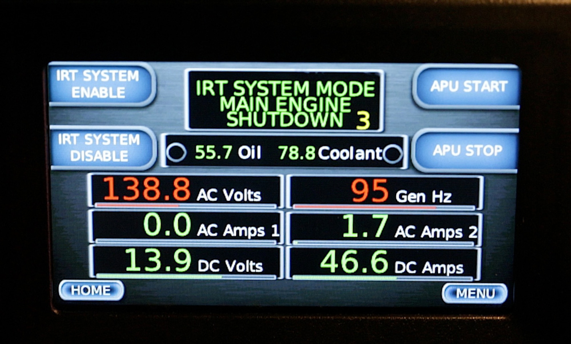 An idle reduction technology control panel inside the cab of an Air Force fire truck gives the vehicle’s driver/operator information about IRT system performance. IRT is a feature that automatically transitions the truck from the main engine to an on-board auxiliary power unit, or generator, after the truck has been idling for two minutes. This helps reduce fuel use, carbon emissions, and wear and tear on the vehicle’s engine all while powering essential components like lights, communication and environmental controls. (U.S. Air Force photo/Eddie Green)