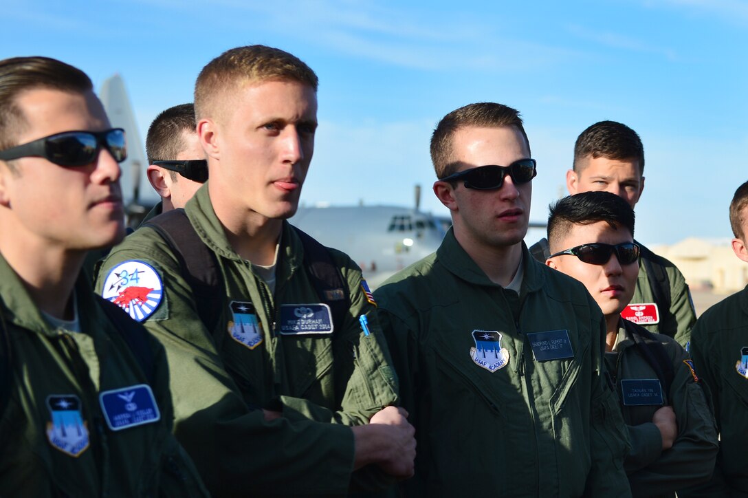 Cadets from the U.S. Air Force Academy, Colorado Springs, Colo., listen to a subject matter expert from the 16th Special Operations Squadron give a briefing on the AC-130H Spectre gunship at Cannon Air Force Base, N.M., April 11, 2014. The cadets spent four days at Cannon touring base facilities and familiarizing themselves with the Air Force Special Operations Command mission. (U.S. Air Force photo/ Senior Airman Eboni Reece)