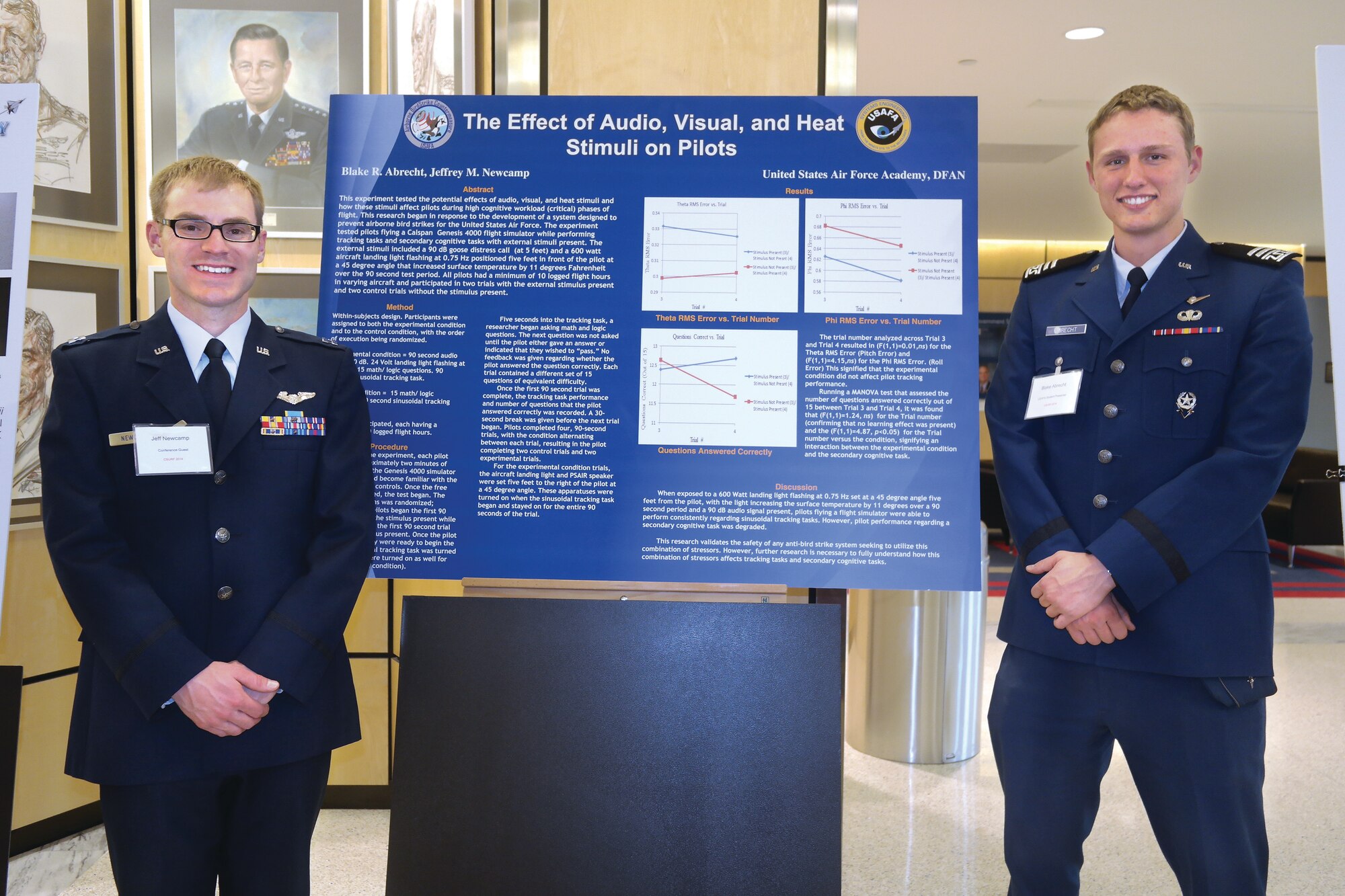 Capt. Jeffrey Newcamp and Cadet 1st Class Blake Albrecht stand in front of Albrecht’s research poster covering the effects of heat and light stimuli on a pilot’s concentration here April 12. Albrecht’s research formed the background to test USAFA’s patent-pending bird strike remedy. (Amy Gillentine/U.S. Air Force photo)