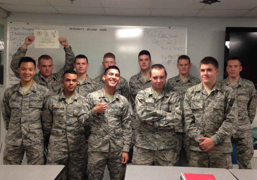 Students from the Air Force’s first initial skills F-35 crew chief class prepare to transition after graduating the fundamentals course at Sheppard Air Force Base, Texas, April 9, 2014. They will continue training at the 359th Training Squadron at Eglin AFB, Fla., April 14, 2014. Crew chiefs are in charge of tactical aircraft maintenance which includes functional inspections, operation quality control and fluid checks. (Courtesy photo)