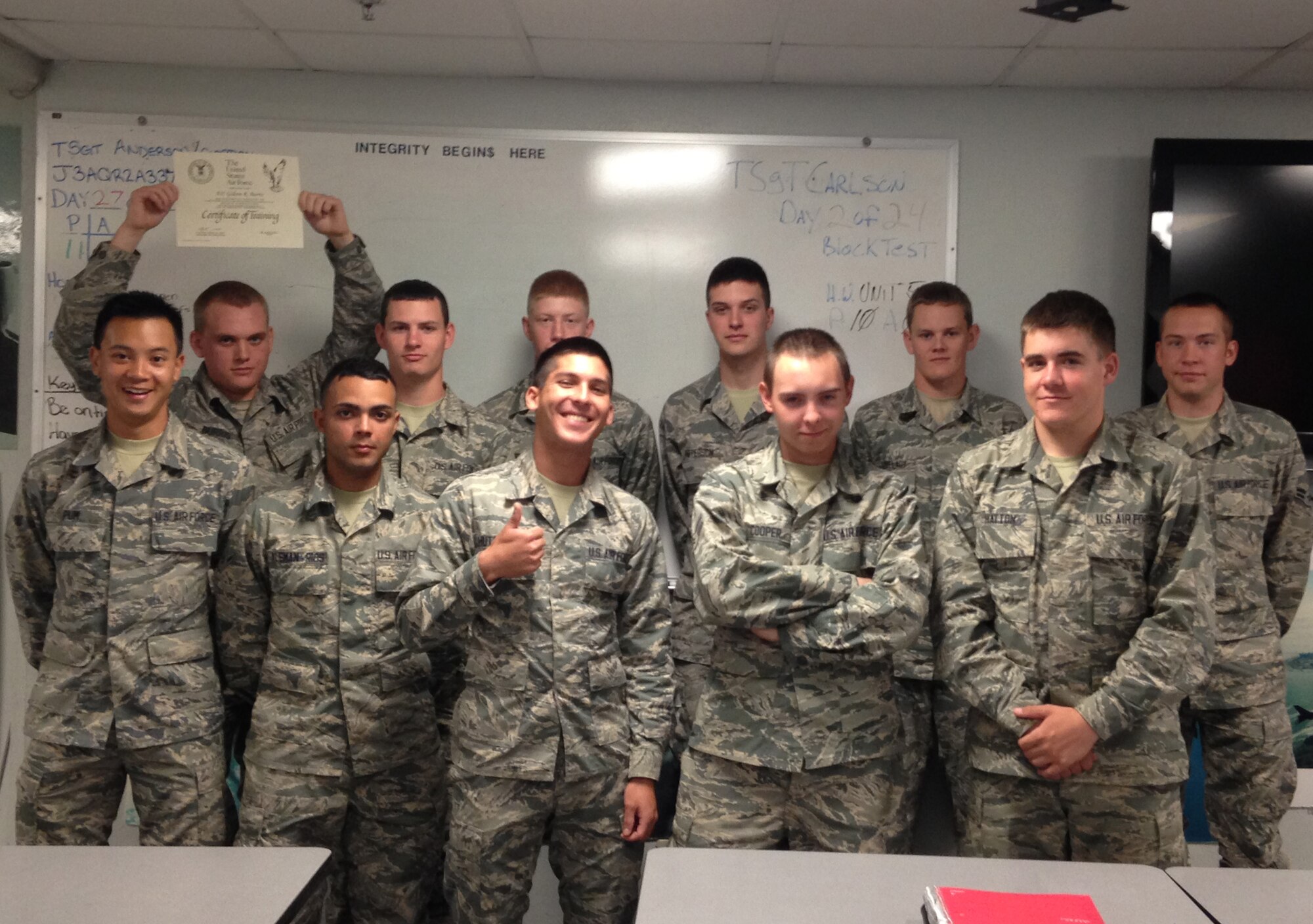 Students from the Air Force’s first initial skills F-35 crew chief class prepare to transition after graduating the fundamentals course at Sheppard Air Force Base, Texas, April 9, 2014. They will continue training at the 359th Training Squadron at Eglin AFB, Fla., April 14, 2014. Crew chiefs are in charge of tactical aircraft maintenance which includes functional inspections, operation quality control and fluid checks. (Courtesy photo)