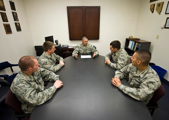 Senior Master Sgt. Rajendra Panchal, 99th Contracting Squadron superintendent, speaks to Airmen about upgrade training, April 15, 2014, at Nellis Air Force Base, Nev.  Panchal was selected as the Air Force’s contracting superintendent of the year, his accomplishments include managing $146 million in base service contracts, performing first sergeant duties for 330 service members and serving as the senior enlisted advisor for 106 people while stationed at Kirtland AFB, N.M. (U.S. Air Force photo by Senior Airman Jason Couillard)