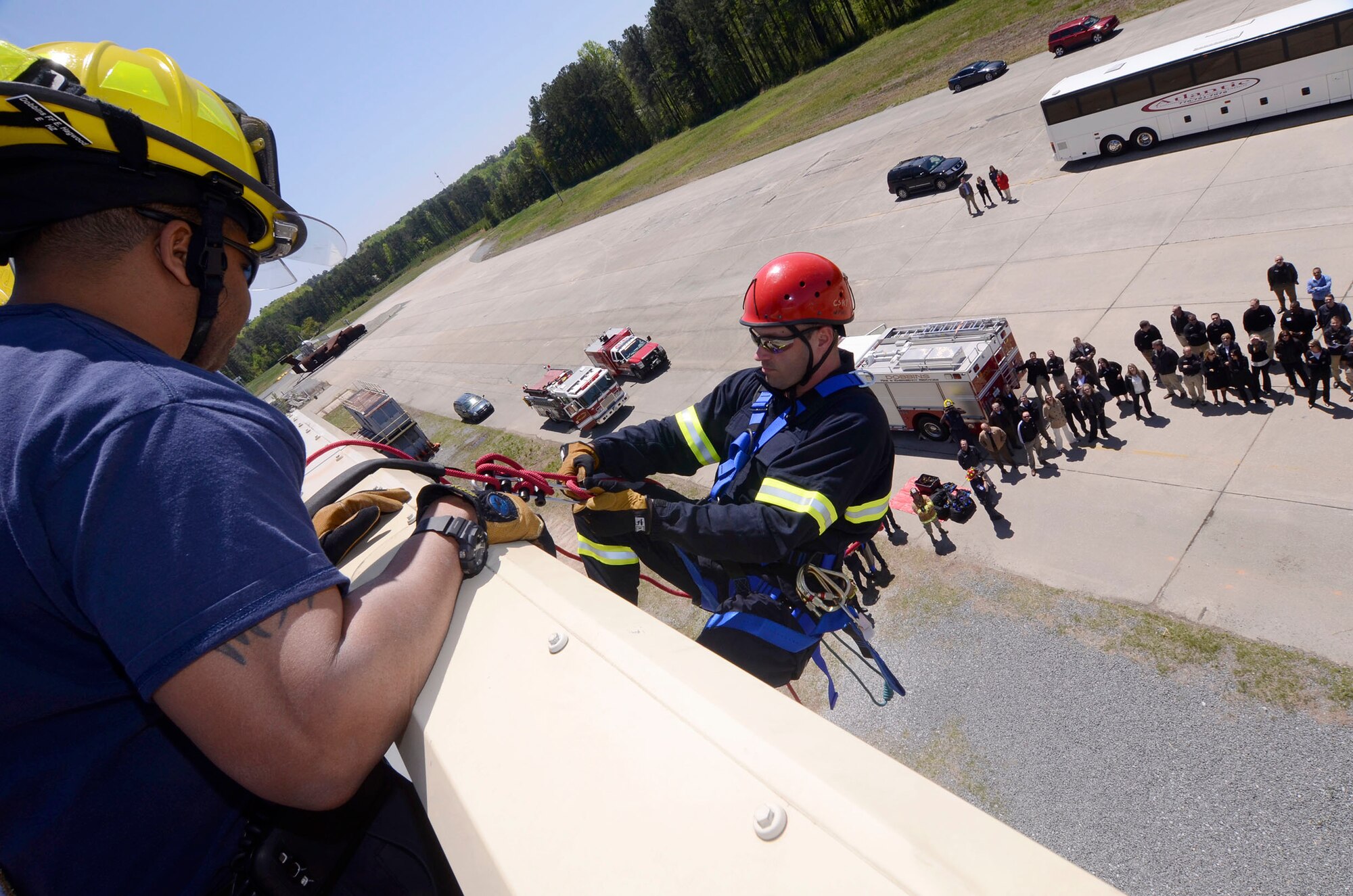 The Dobbins Fire Department performed rescue demonstrations for members of the Leadership Cobb Class of 2014 during a base tour of Dobbins Air Reserve Base, Ga. April 16. (U.S. Air Force photo/Don Peek)