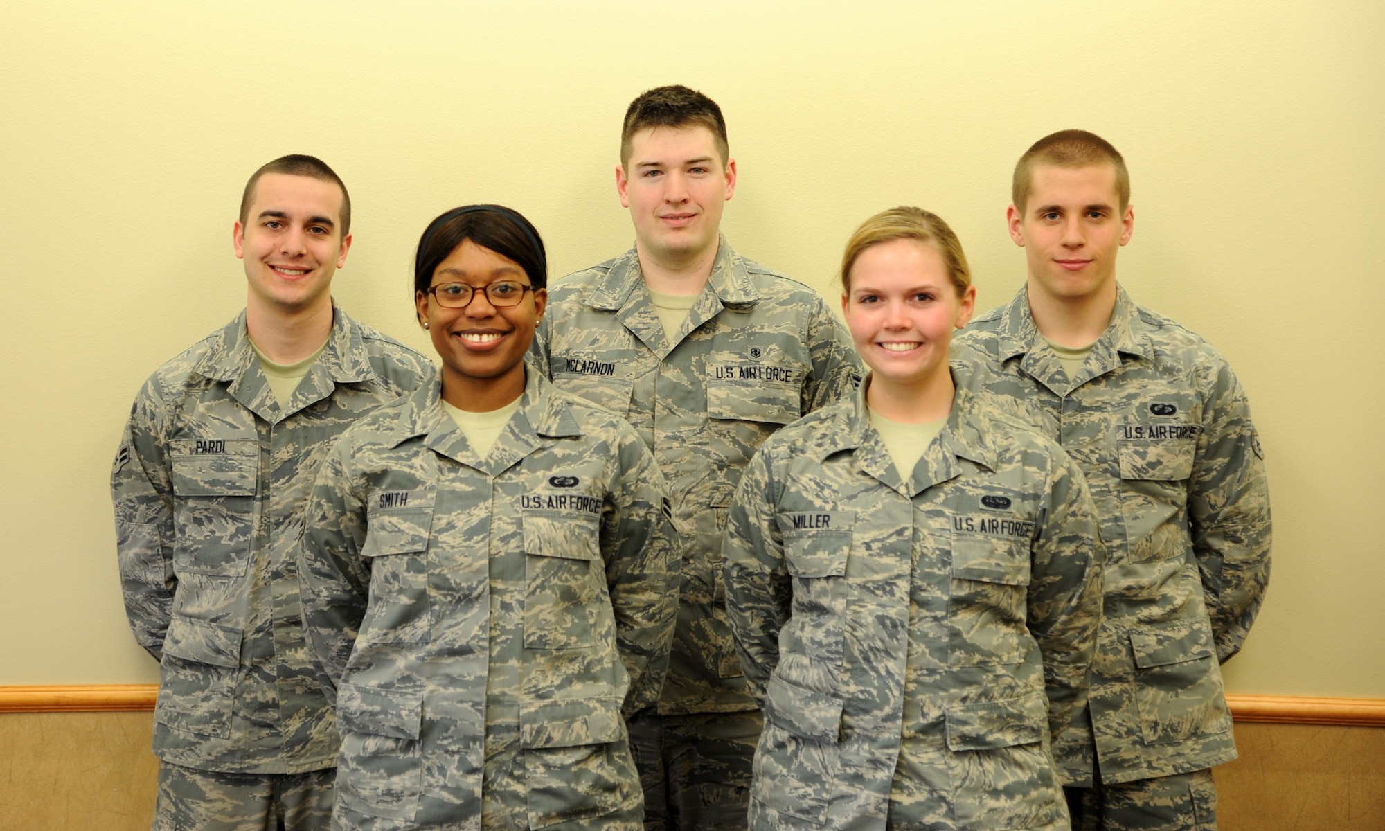 The newly elected Airman’s Council members pose for a photo at the Grizzly Bend on April 14. The Airman’s Council serves as a liaison between junior enlisted Airmen and the Wing. Standing from left to right are Airmen 1st Class Vincent Pardi, treasurer; Angela Smith, president; Sean McLarnon, vice president; Ashley Miller, assistant events coordinator; and Brett Duffey, events coordinator. Not pictured is Airman 1st Class Jazmine Brown, secretary. (U.S. Air Force photo/Airman 1st Class Joshua Smoot)