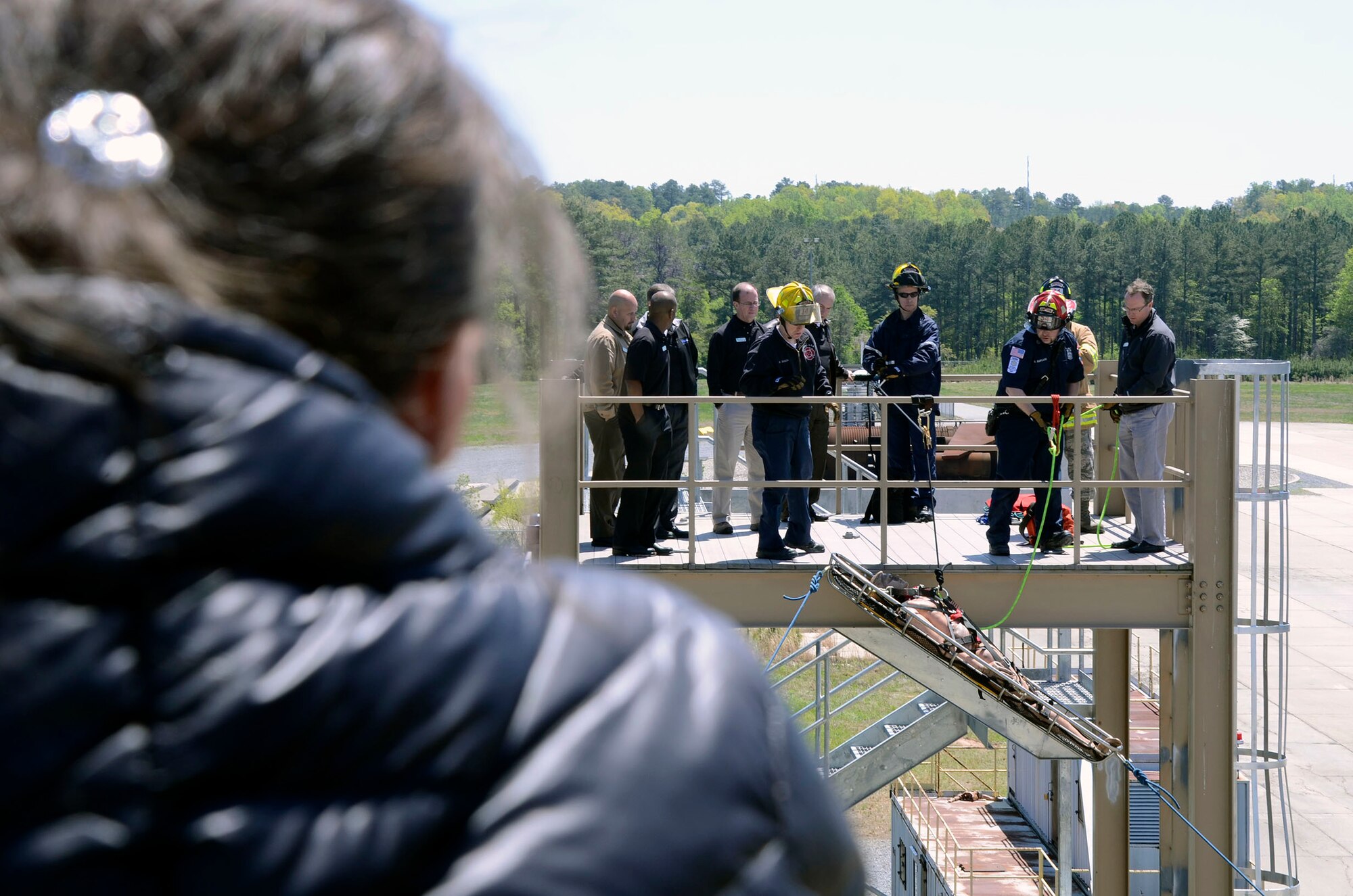 The Dobbins Fire Department performed rescue demonstrations for members of the Leadership Cobb Class of 2014 during a base tour of Dobbins Air Reserve Base, Ga. April 16. (U.S. Air Force photo/Don Peek) 