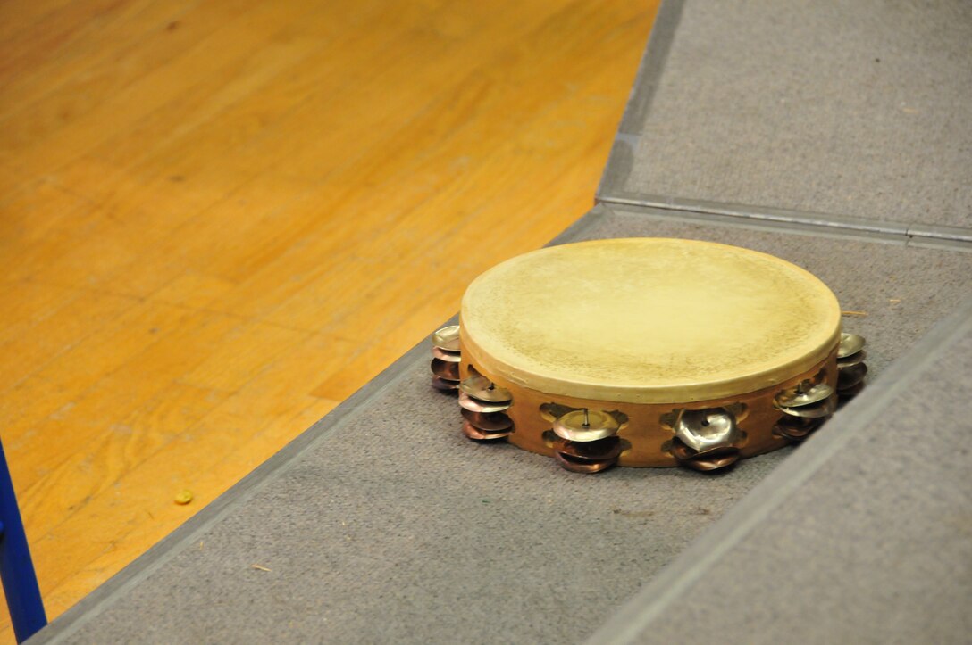 A tambourine from the Air Force Band of the Golden West rests quietly before a concert for elementary students in Suisun City, California, January, 2014