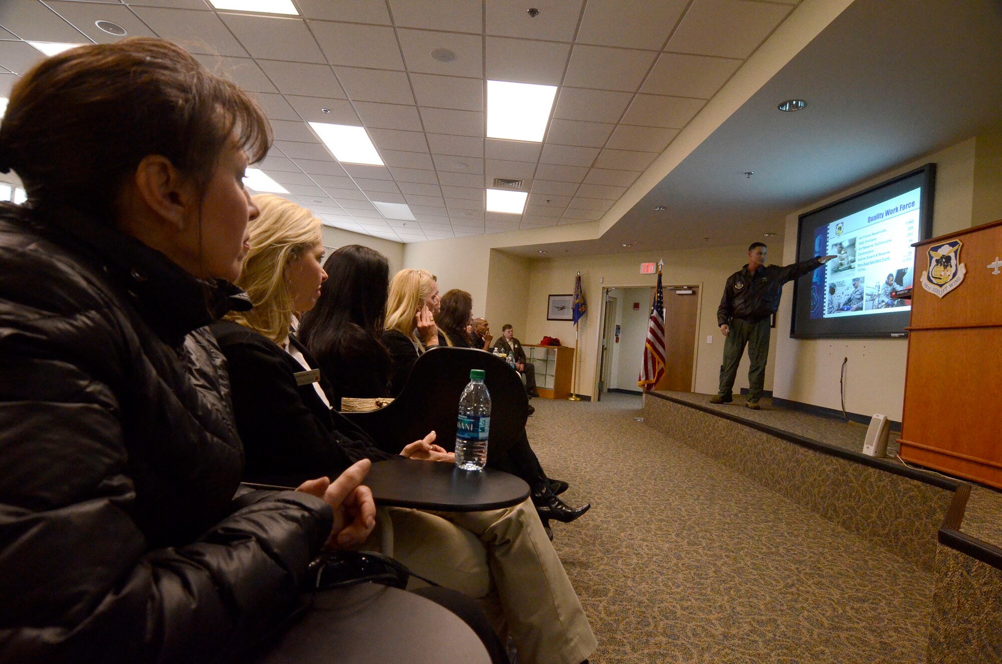 Col. Brett J. Clark, 94th Airlift Wing commander, gives members of the Leadership Cobb Class of 2014 a brief overview about the wing during a base tour on Dobbins Air Reserve Base, Ga. April 16. (U.S. Air Force photo/Don Peek)