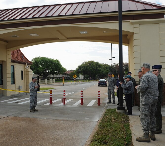 Col. Andrew Gebara, 2nd Bomb Wing commander, gives opening remarks at the re-opening of the North Gate on Barksdale Air Force Base, La., April 18, 2014. The North Gate has been closed since December 2, 2013, because of renovations. (U.S. Air Force photo/Senior Airman Benjamin Gonsier)