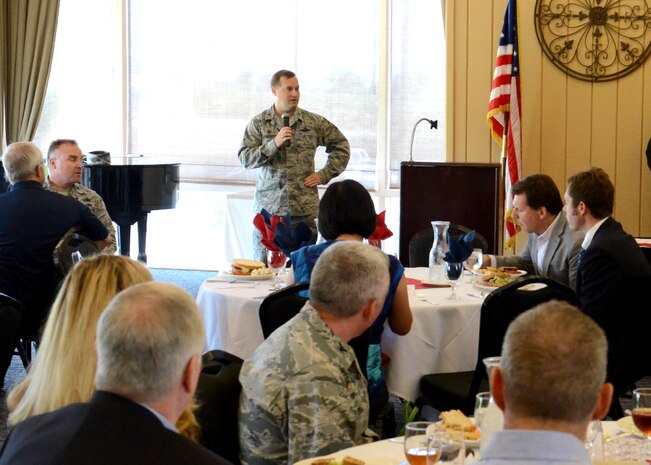 Col. Phil Stewart, 9th Reconnaissance Wing commander, address the crowed during an Honorary Commander Induction at the Peach Tree Golf & Country Club in Marysville, Calif., April 16, 2014. Honorary Commanders are part of a public outreach program designed to increase the understanding of Air Force and Beale missions. (U.S. Air Force photo by John Schwab/Released)