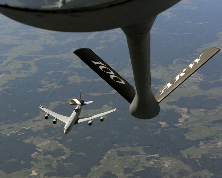 A Royal Air Force E-3 Sentry, operating in a NATO capacity, breaks off after receiving fuel from a 100th Air Refueling Wing KC-135 Stratotanker April 17, 2014, over Eastern Europe. The 351st Air Refueling Squadron is the only aerial refueling squadron in U.S. Air Forces in Europe and Air Forces Africa, and has refueled more than 2,000 aircraft since fiscal year 2014 began. (U.S. Air Force photo by Airman 1st Class Preston Webb/Released)