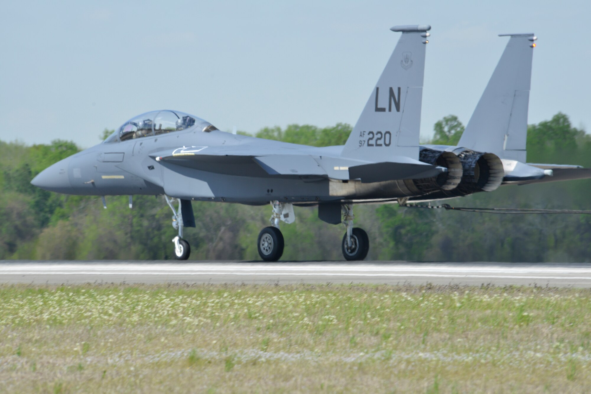 The F-15E uses a tailhook to catch a cable which runs across the flight line. The F-15E is a two-seat, all-weather, long-range strike and ground attack aircraft. 
(U..S. Air Force photo by Ray Crayton) 
