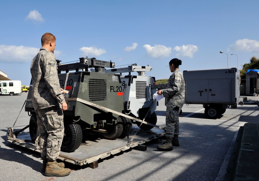 U.S. Air Force Staff Sgt. Stephanie Rosario, 18th Logistic Readiness Squadron flight service center supervisor, and Airman 1st Class William Lopes, 18th Logistic Readiness Squadron transportation management office packing and crating apprentice, verify that the equipment and its tag numbers match before being sent to the transportation management office on Kadena Air Base, Japan, April 15, 2014. The 18th LRS flight service center processes and handles both reparable and consumable parts before sending them to the TMO or the defense reutilization and marketing service.  (U.S. Air Force photo by Naoto Anazawa)