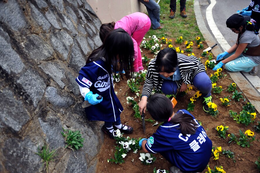 Yu Jin Lee, 51st Civil Engineering Squadron environmental office solid waste and recycling manager, digs a hole for students during the Arbor Day Tree Planting event April 17, 2014 at Osan Air Base, Republic of Korea. The students planted 10 evergreen trees and 200 flowers. (U.S. Air Force photo by Senior Airman David Owsianka)