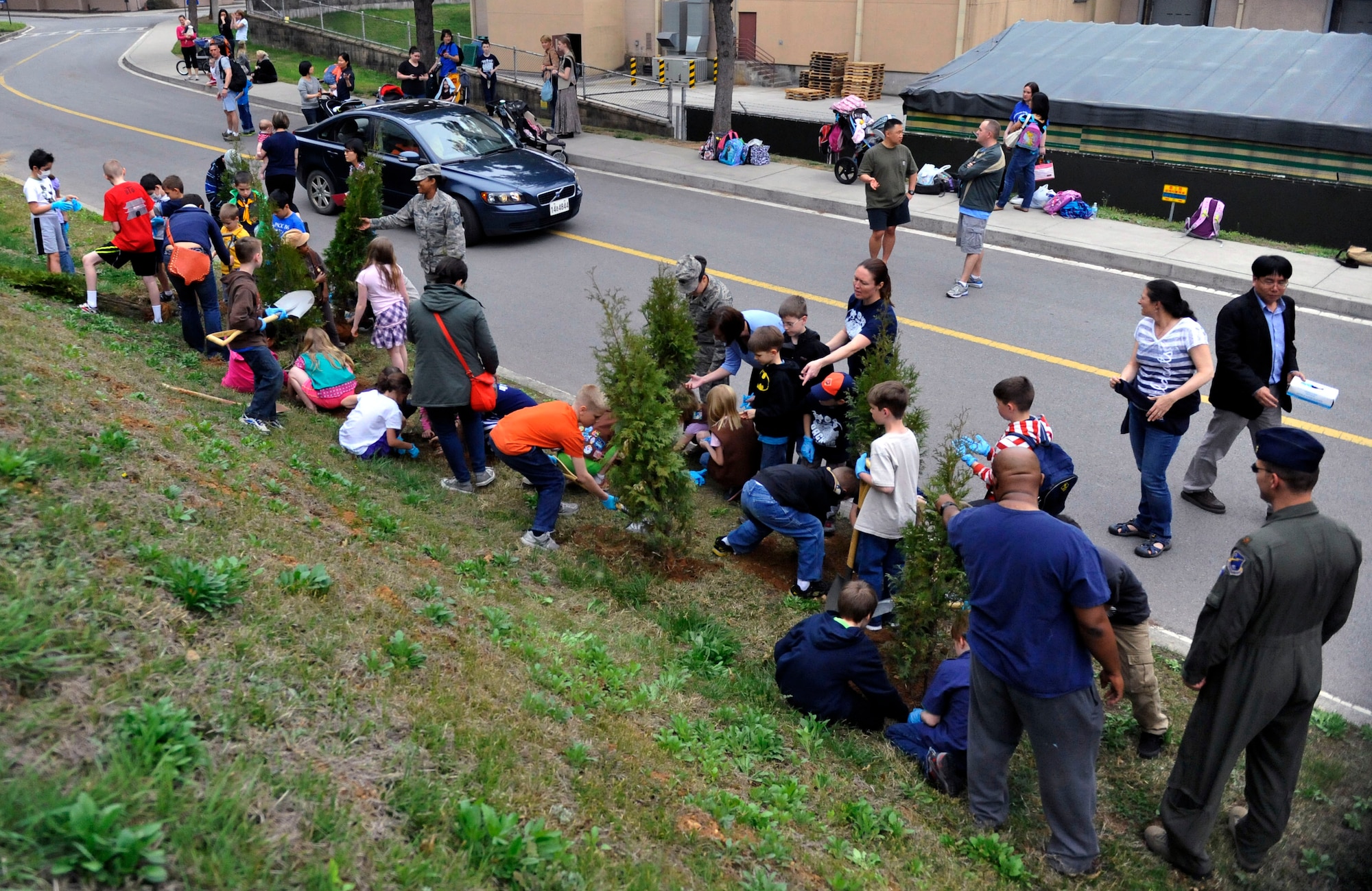 Members of Osan Air Base plant evergreen trees during the Arbor Day Tree Planting event April 17, 2014 at Osan Air Base, Republic of Korea. Arbor Day is a holiday celebrated all around the world in which individuals are encouraged to plant and care for trees. (U.S. Air Force photo by Senior Airman David Owsianka)