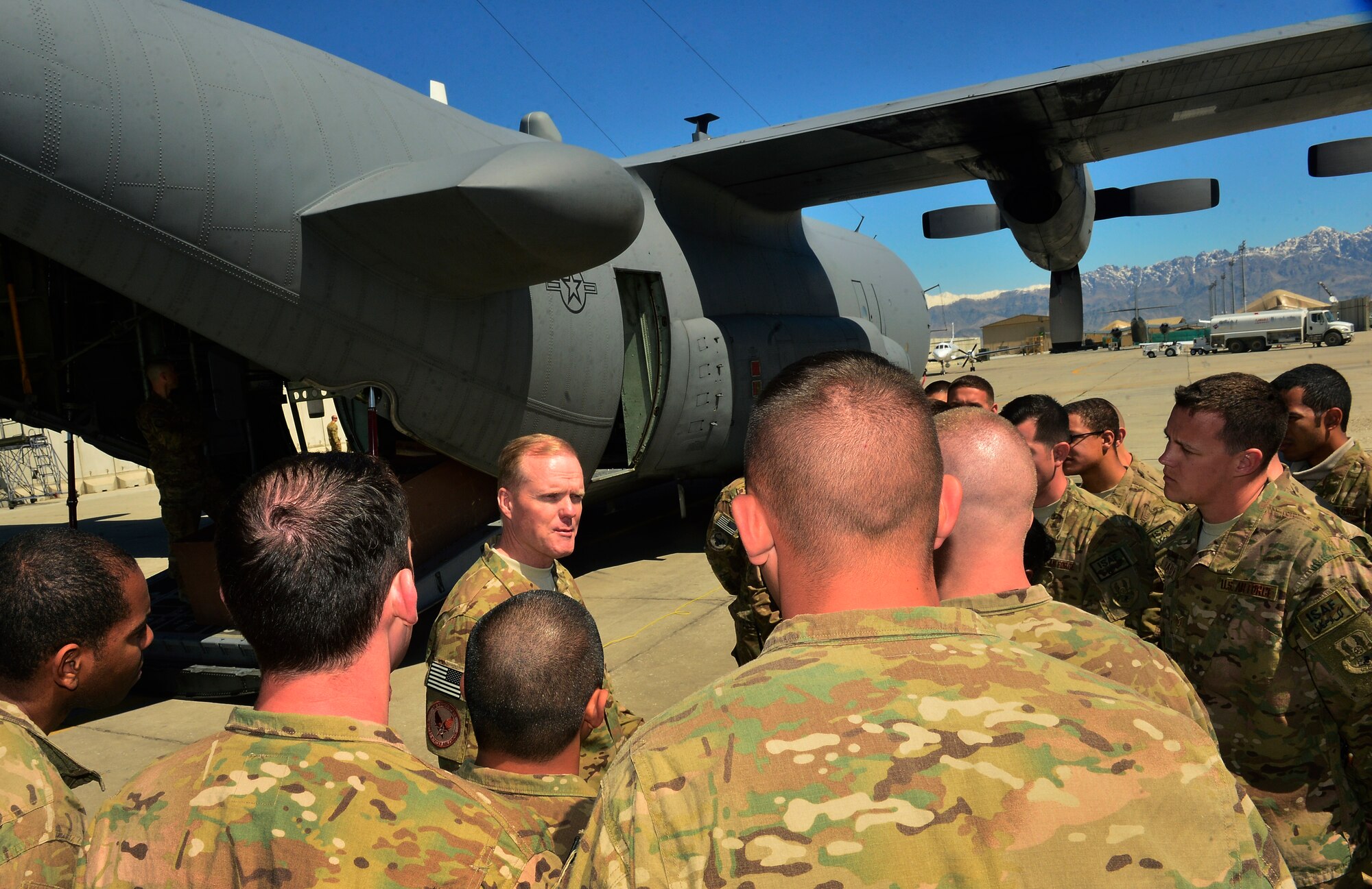 Chief Master Sgt. of the Air Force James Cody speaks with 455th Expeditionary Maintenance Support Group Airmen during a visit to Bagram Air Field, Afghanistan, April 13, 2014. The Airmen are responsible for maintaining C-130's. Cody visited Bagram Air Field during his trip through Afghanistan to encourage, inform and thank Airmen for their hard work supporting Operation Enduring Freedom. His visit to Bagram concluded with a 60-minute question and answer all-call with nearly 500 Airmen. (U.S. Air Force photo by Staff Sgt. Vernon Young Jr.)